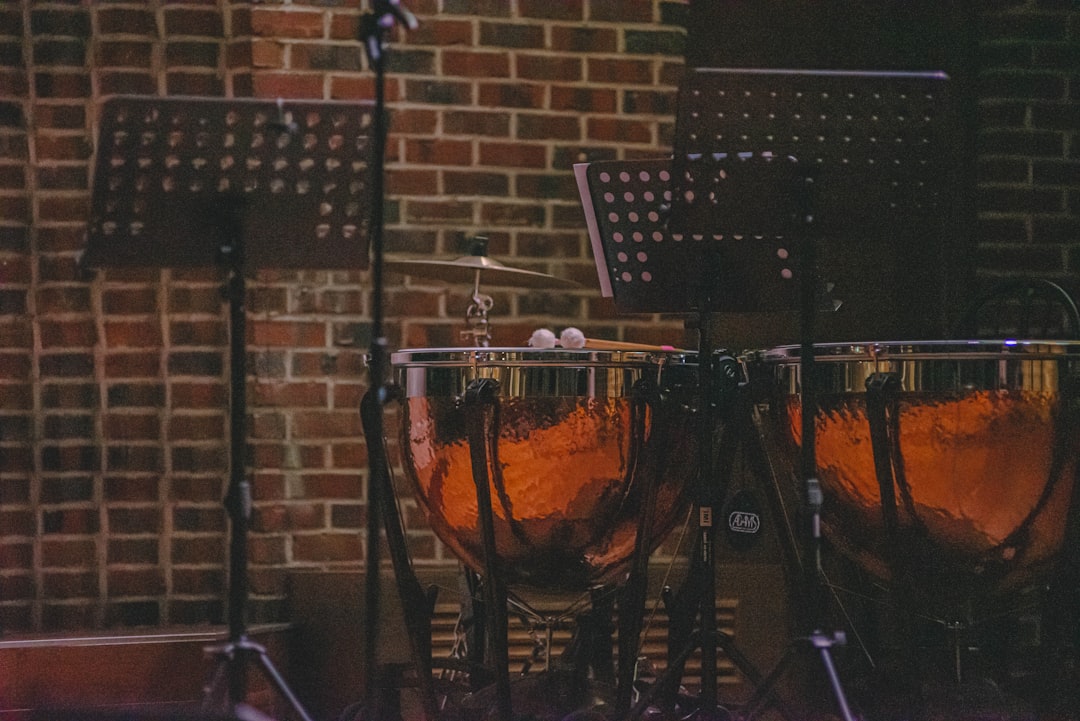 A pair of copper timpani, holding court among the music stands.