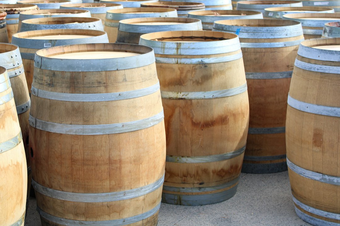 Collection of oak barrels outdoors.