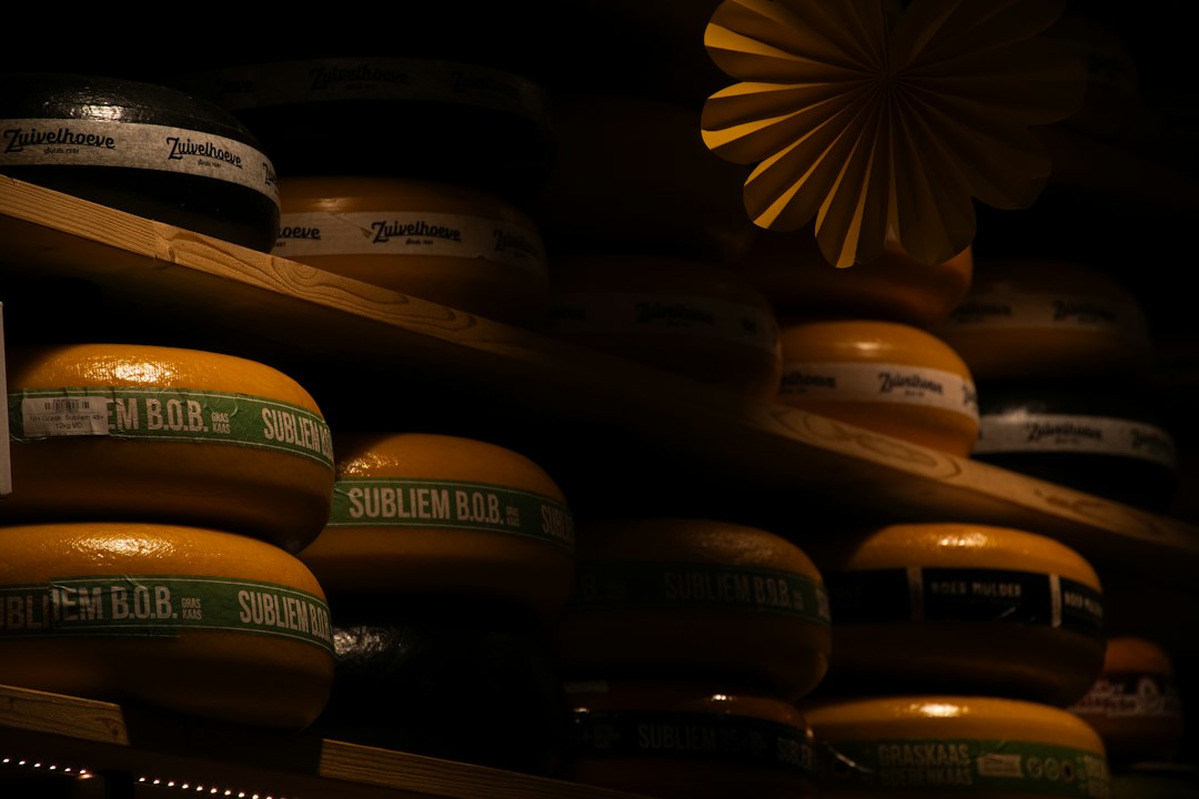 Large wheels of Gouda cheese stacked on wooden shelves.