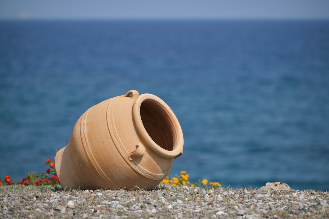 Clay amphora vase next to a body of water.
