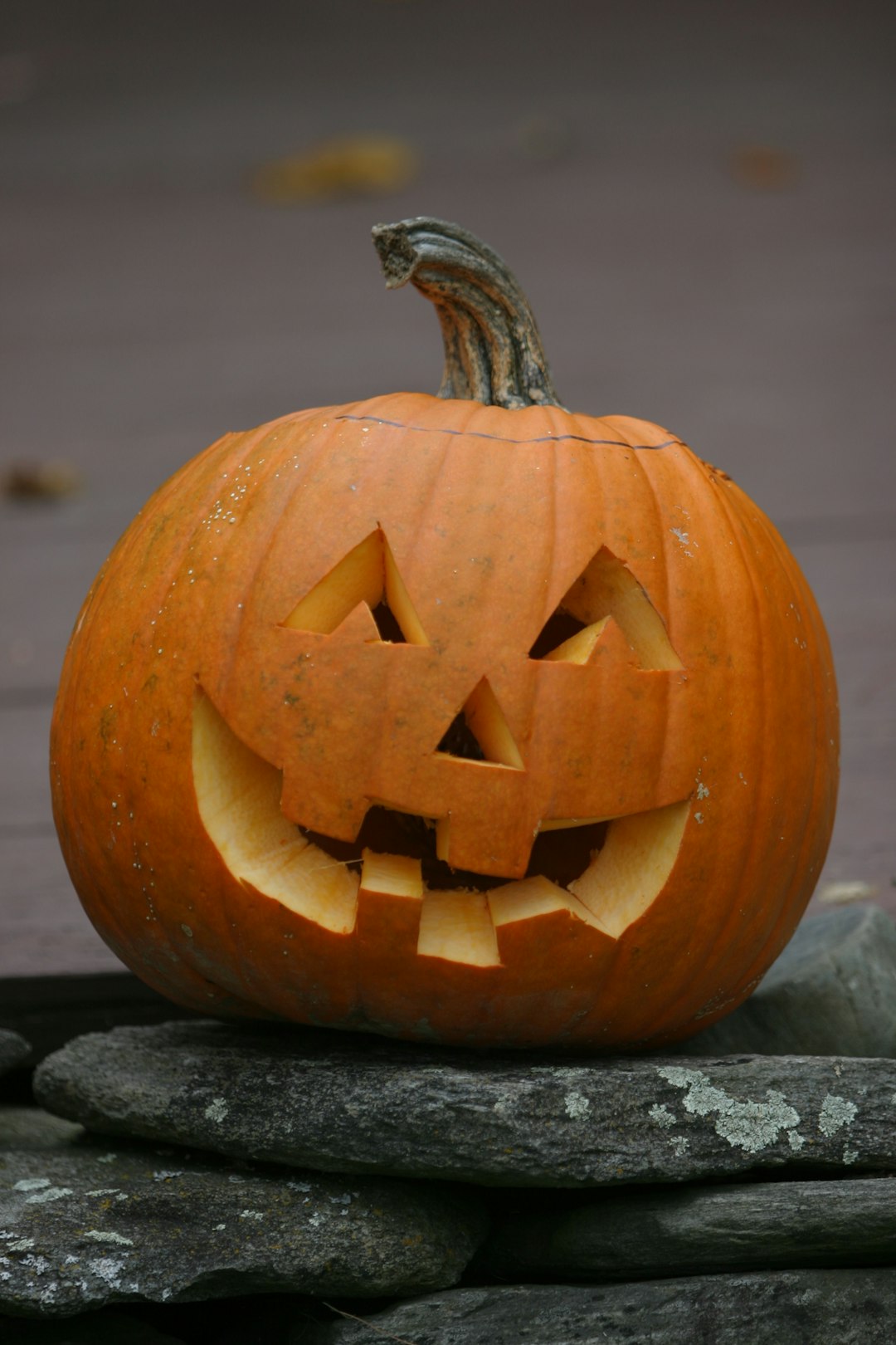 Carved pumpkin jack-o'-lantern sitting on flat stones outdoors.
