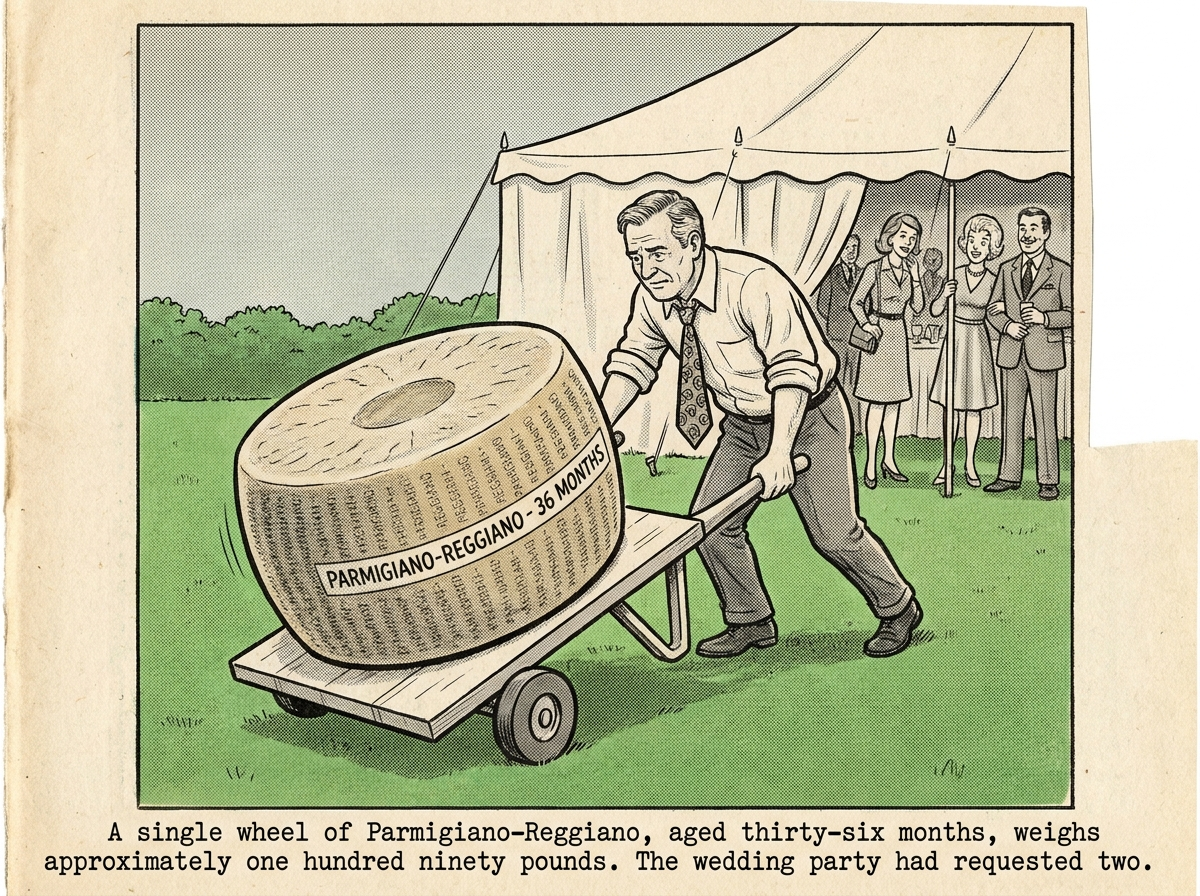 A man pushing an enormous wheel of Parmigiano-Reggiano on a dolly toward a wedding tent