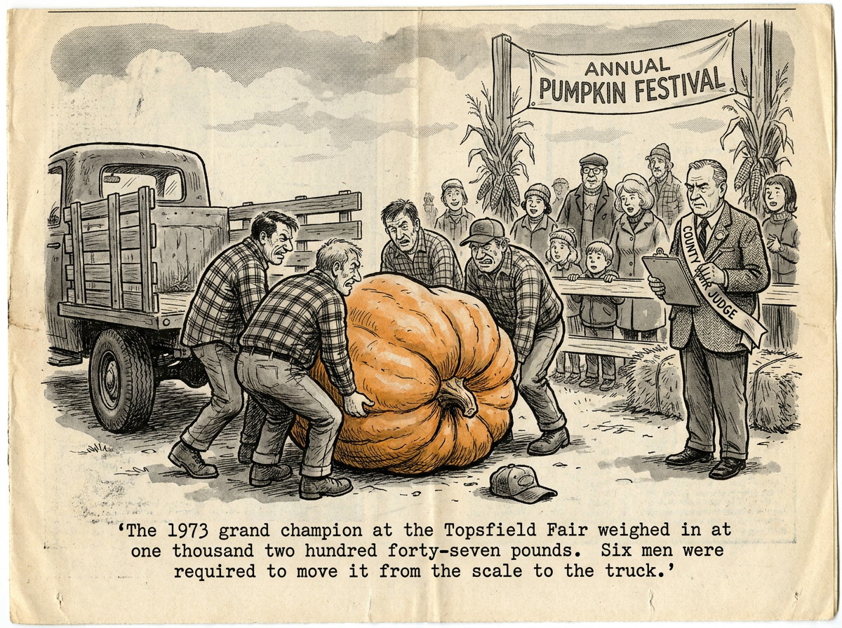 Four men struggling to lift a giant pumpkin onto a flatbed at a county fair