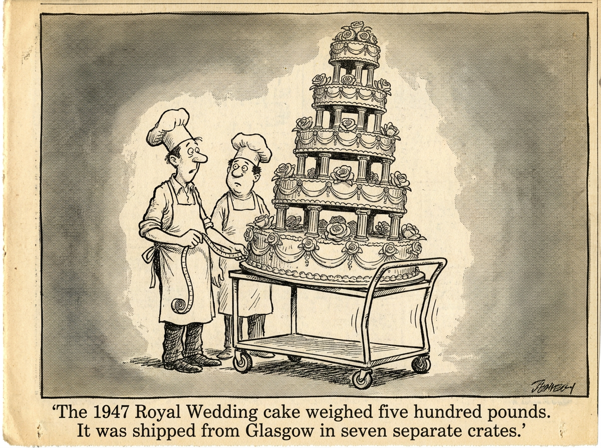 Two pastry assistants staring at an enormous seven-tier wedding cake on a rolling cart