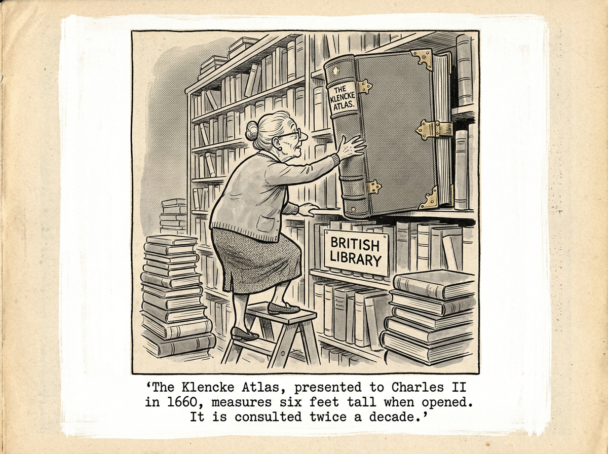 A librarian reaching for the Klencke Atlas, a book the size of a coffee table, on a high shelf