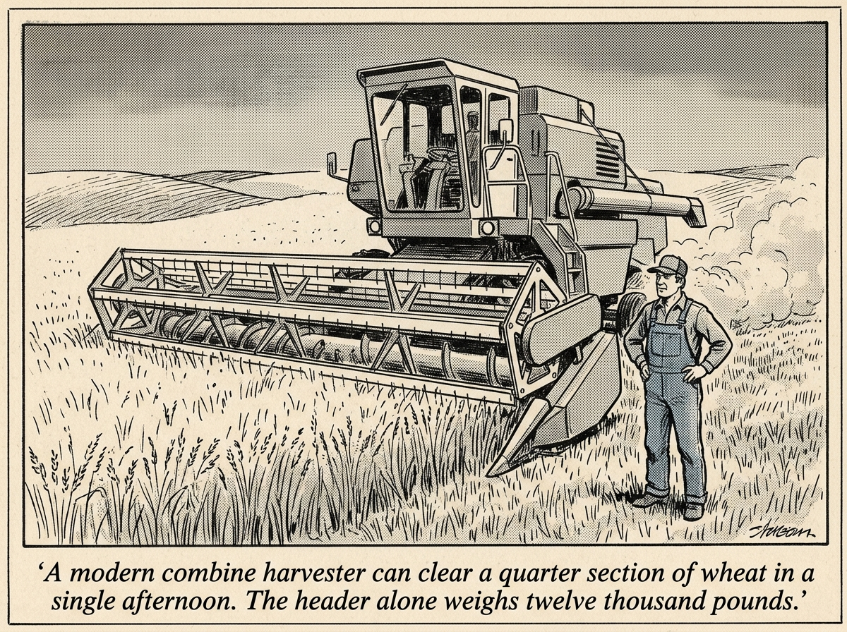 A farmer beside a John Deere combine harvester whose cutting header extends thirty feet across the panel
