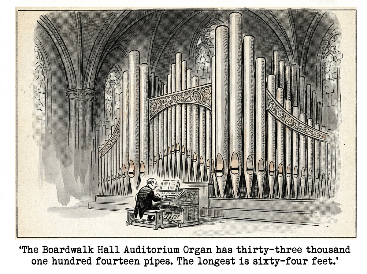 A small organist at the console of a great cathedral pipe organ with fifty-foot pipes rising behind him