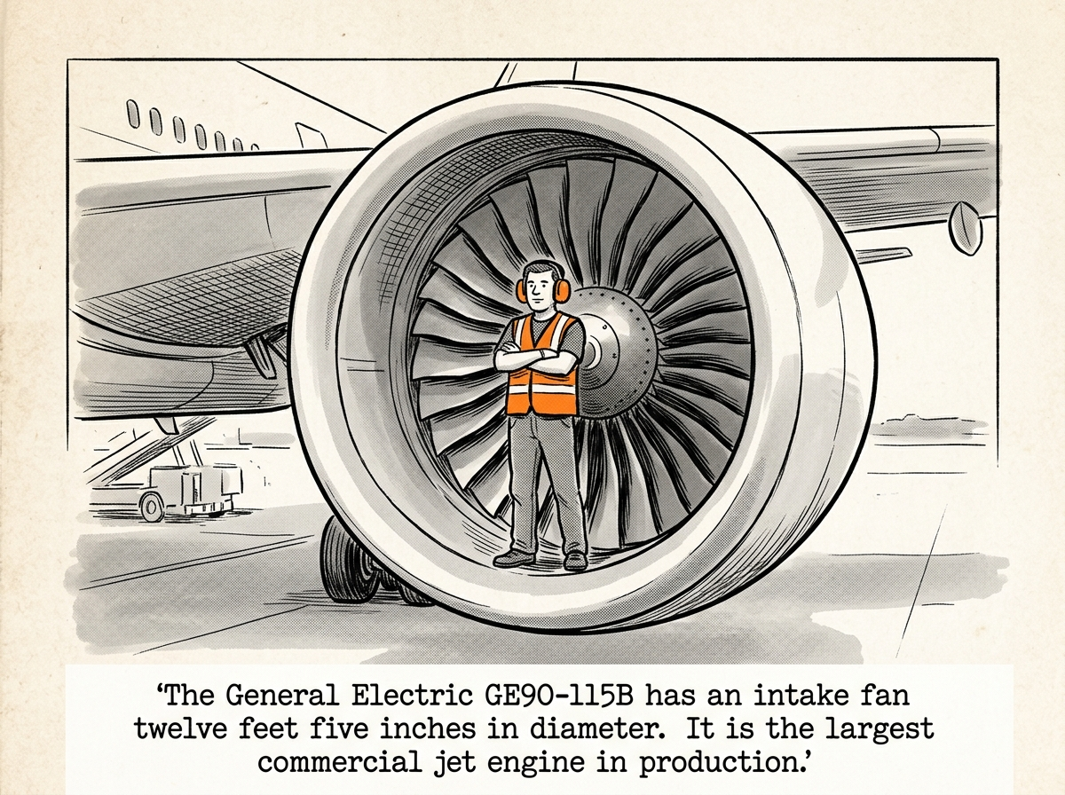 A ground crew technician standing inside the air intake of a Boeing 777 jet engine
