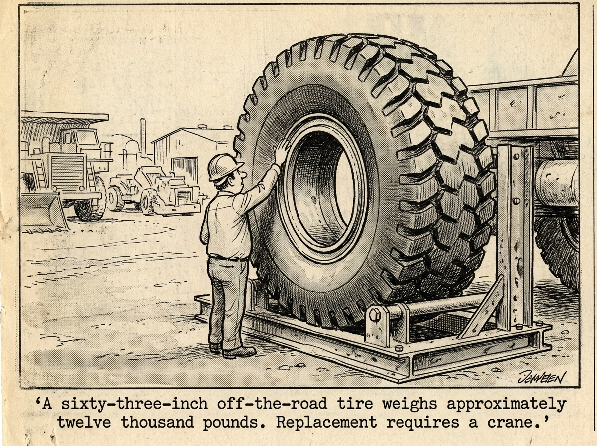 A man in a hard hat beside a single Caterpillar 797F mining haul truck tire taller than he is