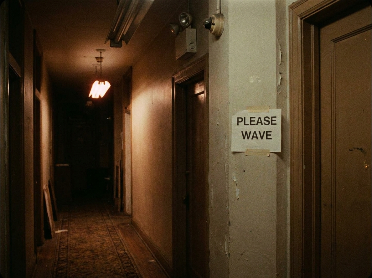 The corridor at dusk; the fixture, intermittent