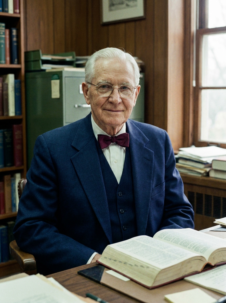 Bartholomew Whitmore, Editor-in-Chief, mid-70s, navy three-piece suit with bow tie