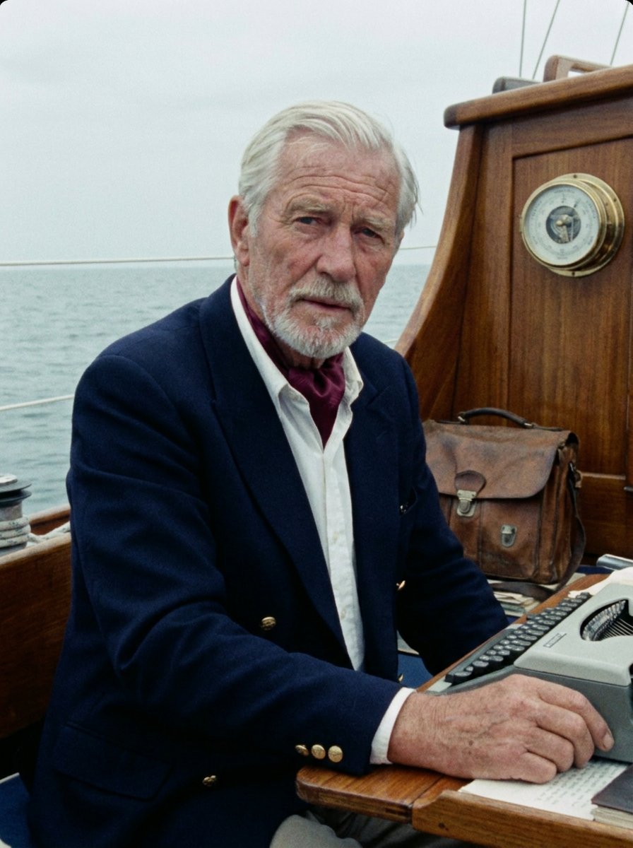 Bertram Whitmore, Founder and Publisher, late-70s, navy blazer and cravat, aboard the Margaret IV