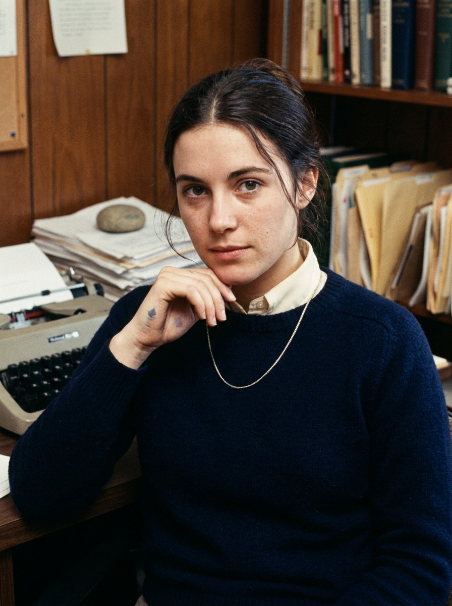 Eliza Hartwell, Staff Writer, 24, dark hair and charcoal sweater at her fourth-floor walk-up