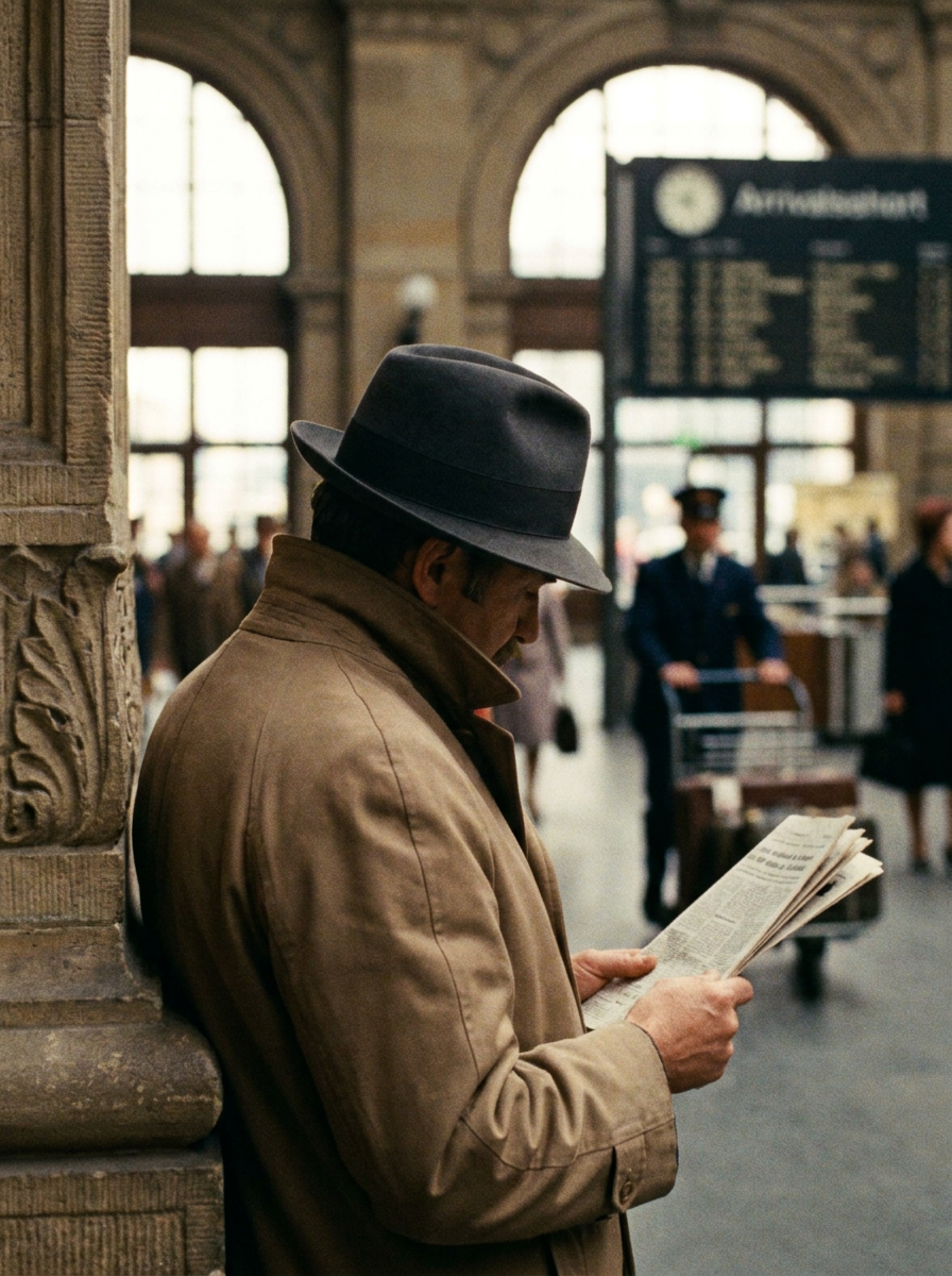 Spider Hennessy, Foreign Correspondent, obscured figure in fedora and trench coat at a European train station