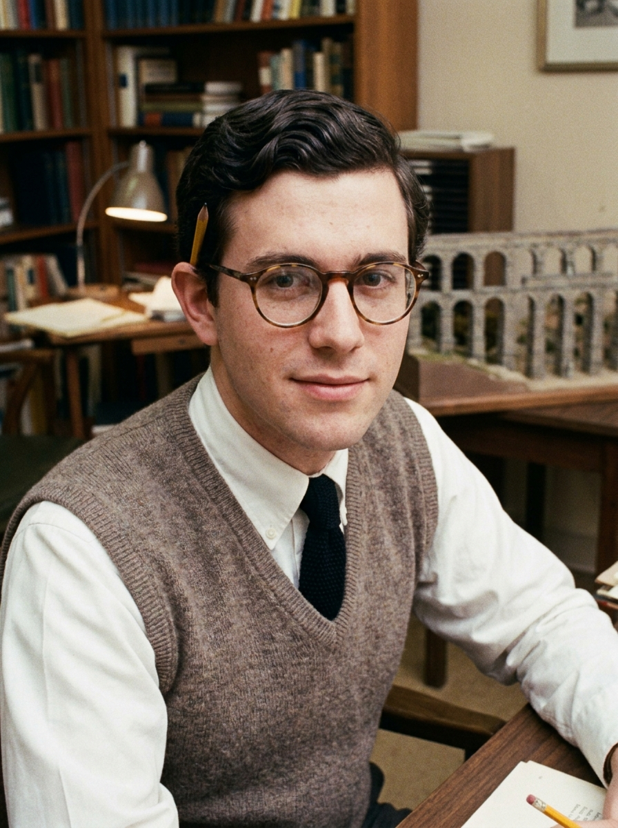Theodore, Junior Cataloguer, wire-rim glasses and sweater vest in a wood-paneled office